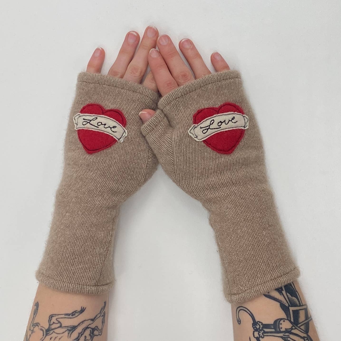 Fingerless Cashmere Gloves-Tattoo Heart Love