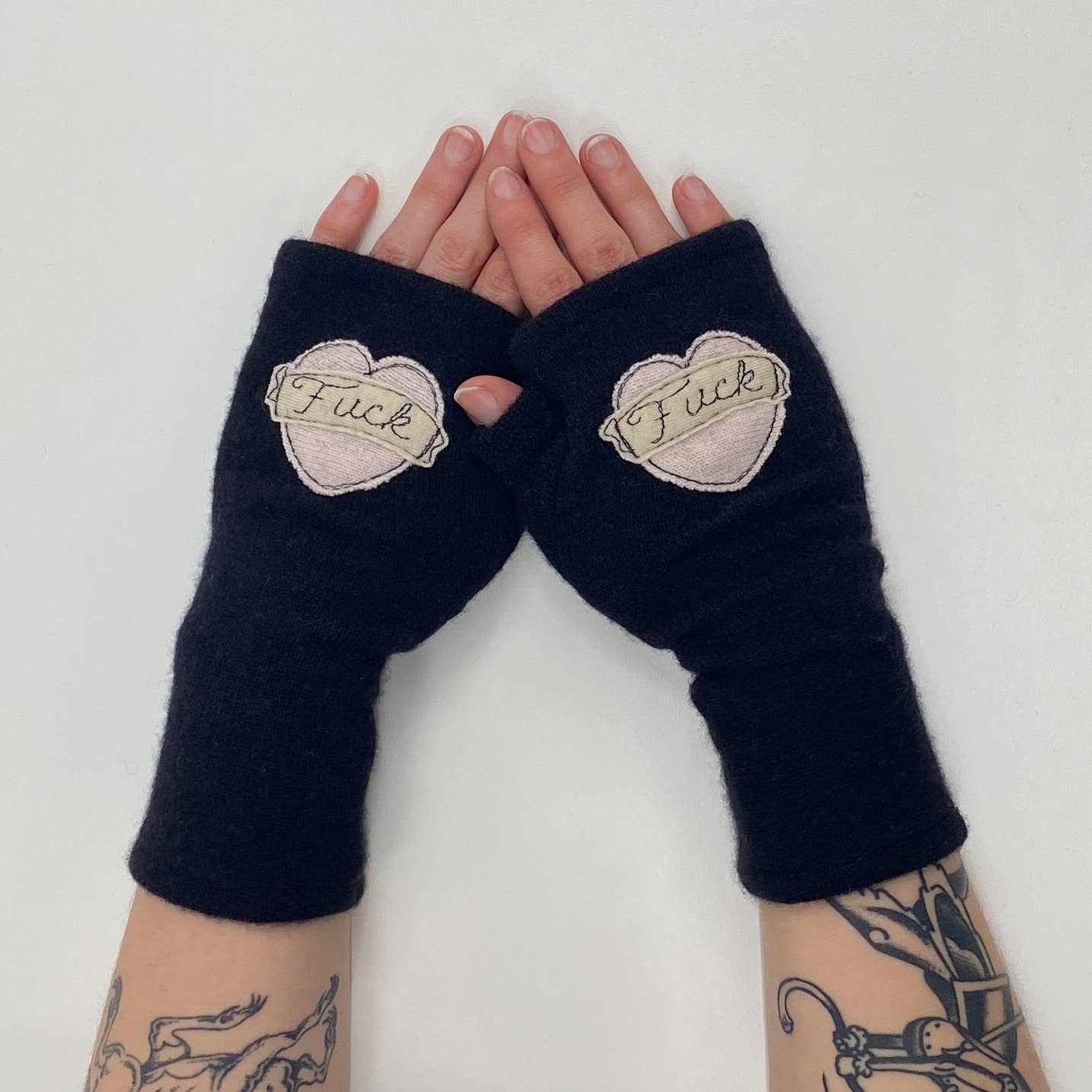 Fingerless Cashmere Gloves-Tattoo Heart Fuck