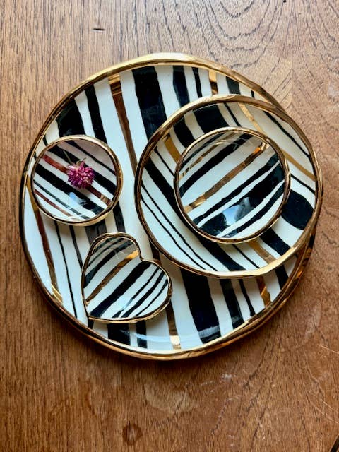 5" Handmade Heirloom Stripe Ceramic Jewelry Dish 22K Gold