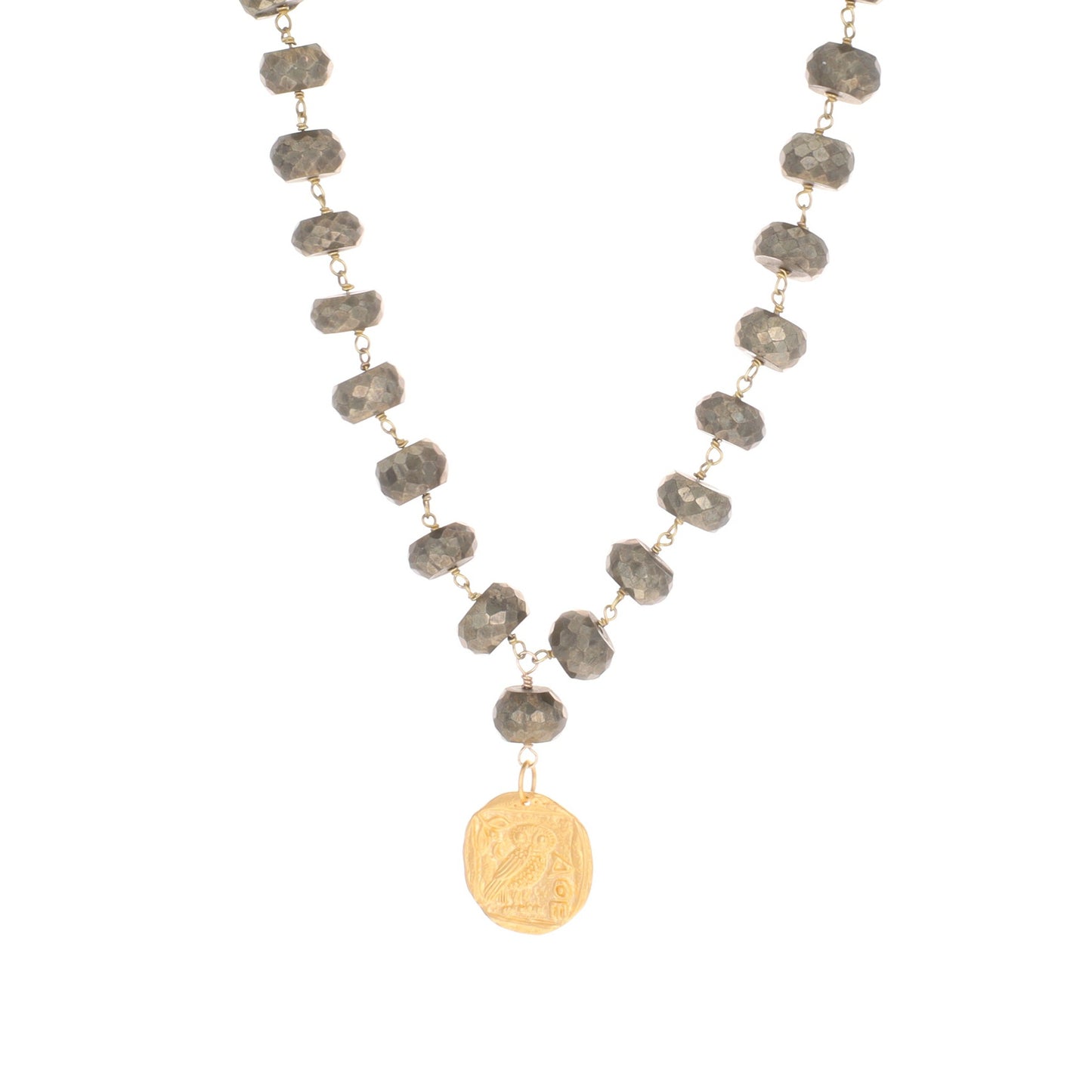 Large Pyrite Necklace with  Gold Athena Charm