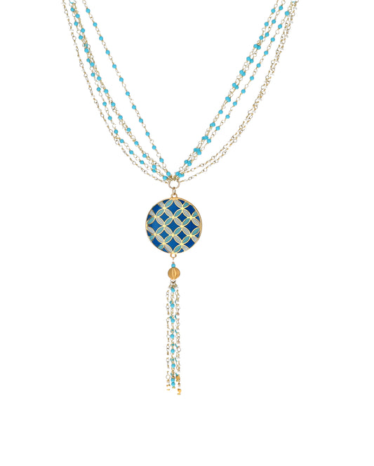 Blue Mosaic Pearl Tassel Necklace