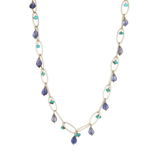 Satin Gold Chain with drop Iolite and Turquoise