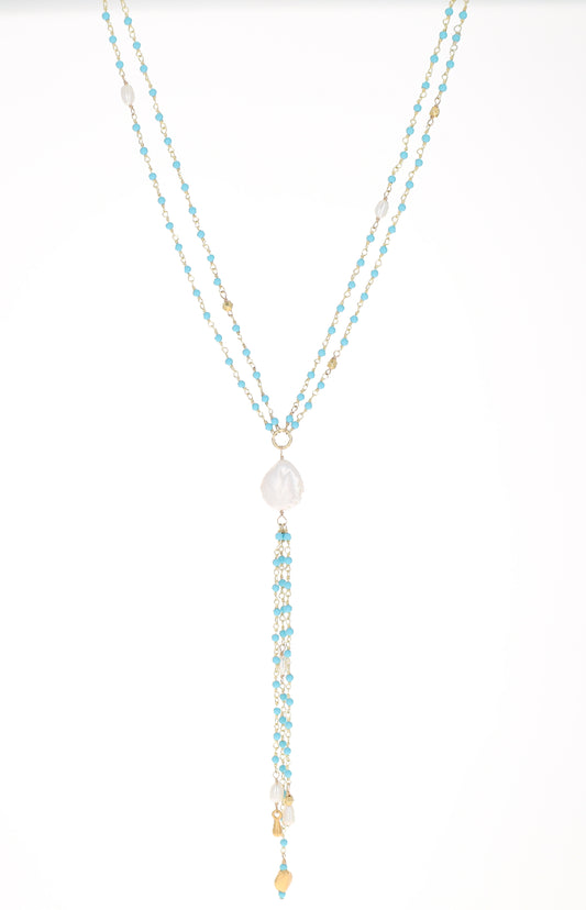 Turquoise and Pearl Tassel Necklace