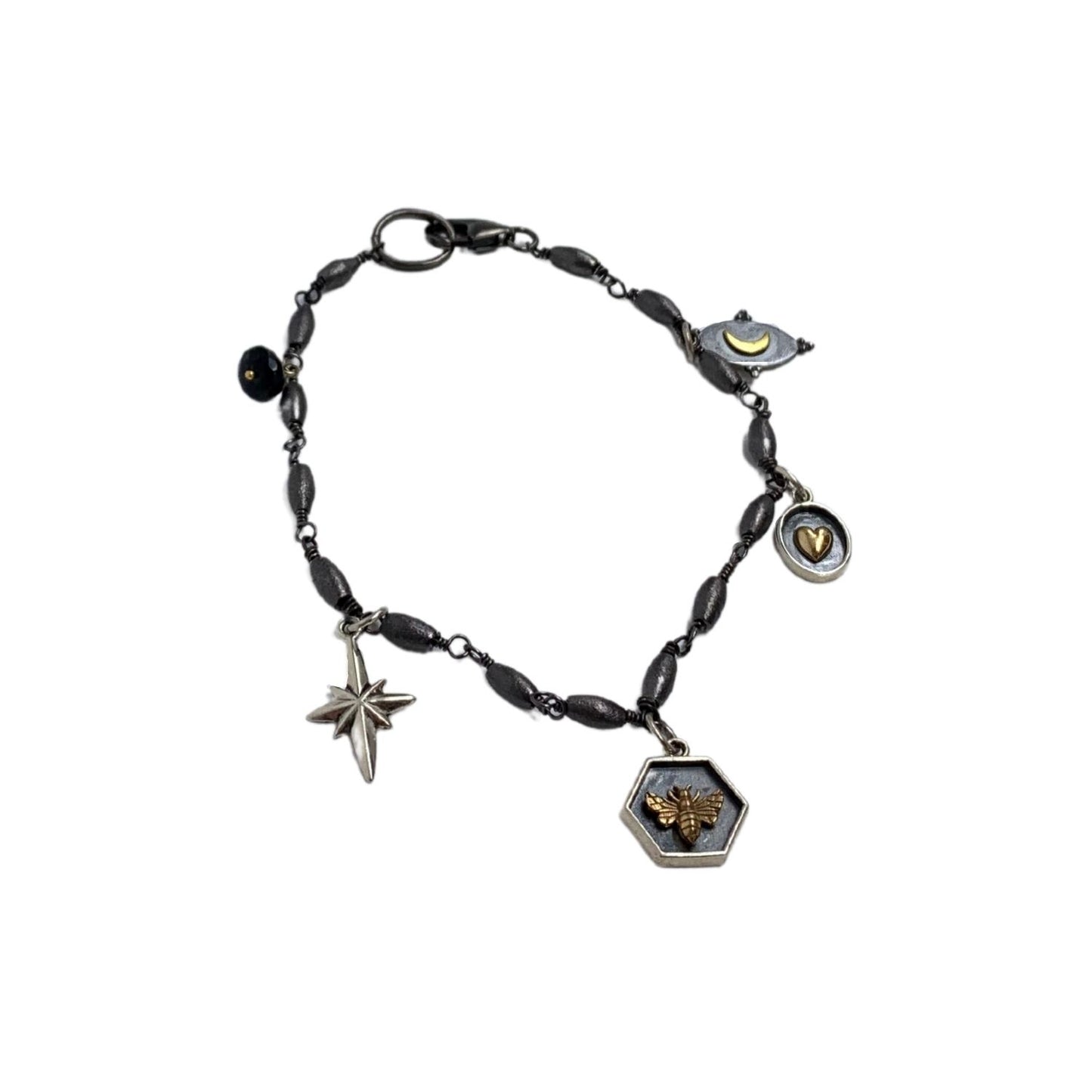 Oxidized Silver Cylinder Brushed Charm Bracelet with North Star and Moon