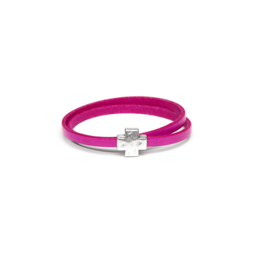 "Wrap it Up Bracelet" with Silver Cross - Double Length - Hot Pink