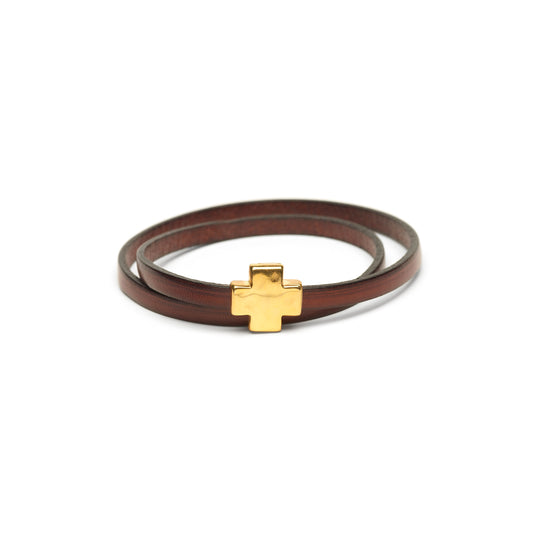 "Wrap it Up Bracelet" with Gold Cross - Double Length - Chocolate