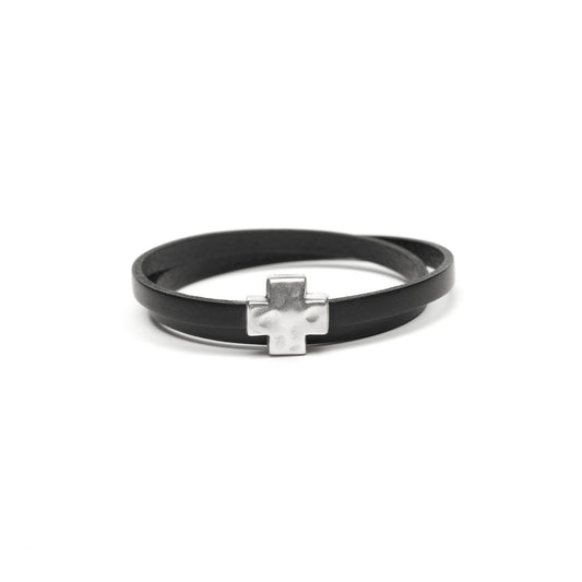"Wrap it Up Bracelet" with Silver Cross - Double Length - Black