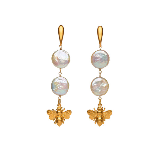 Coin Pearl and Gold Bee Earrings