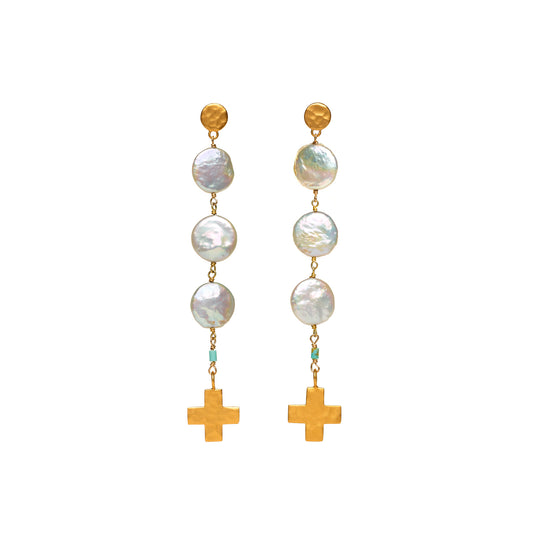 Coin Pearl and Gold Cross Earrings