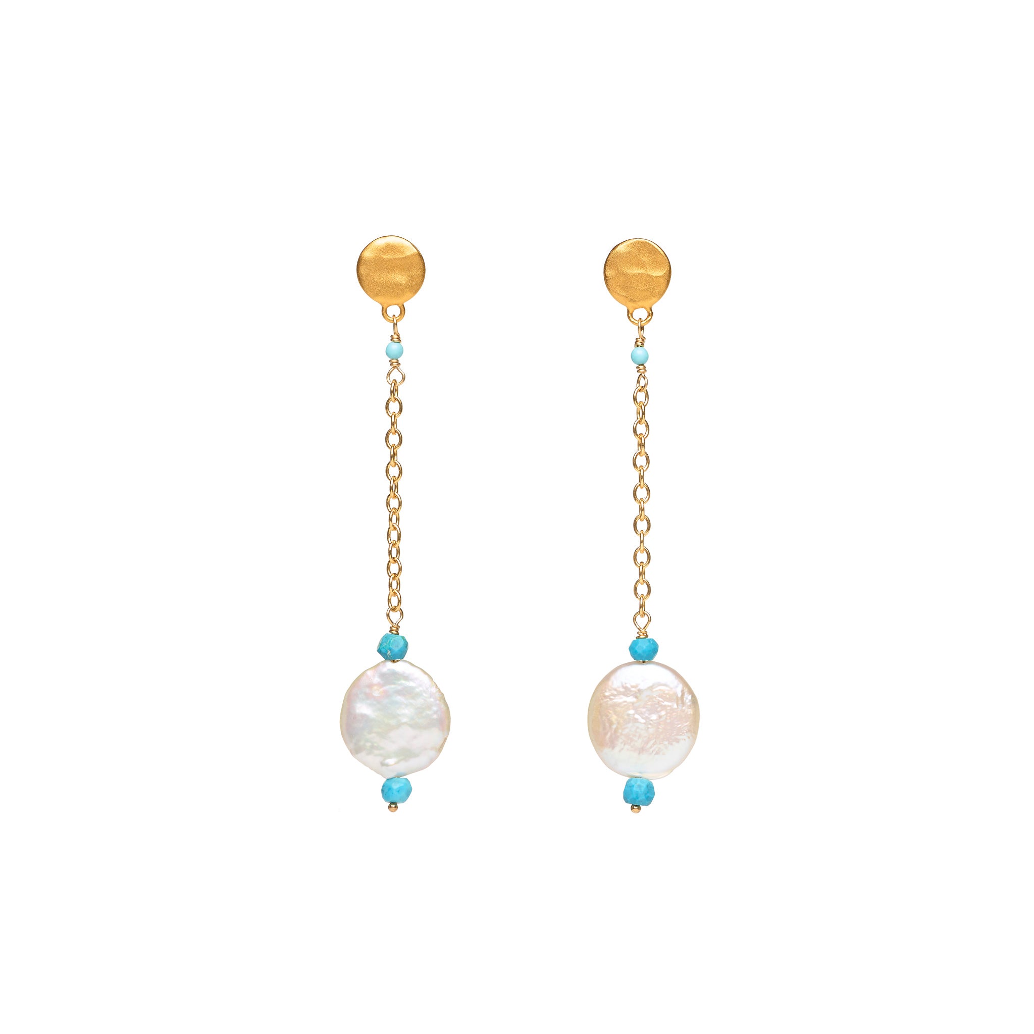 Coin Pearl and Turquoise Drop Earrings