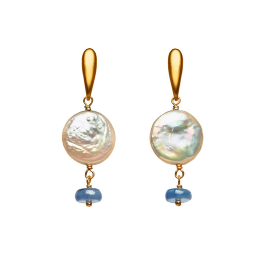 Stress Relieving Coin Pearl and Kyanite Drop Earrings