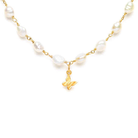 Fresh Water Pearl and Butterfly Charm Necklace