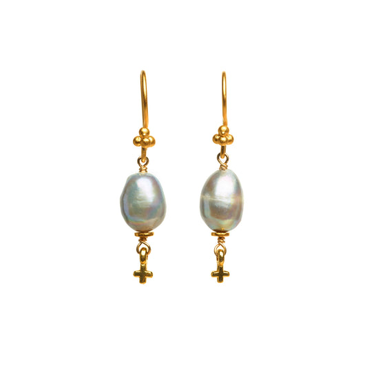 Silver Pearl and Mini Cross Earrings
