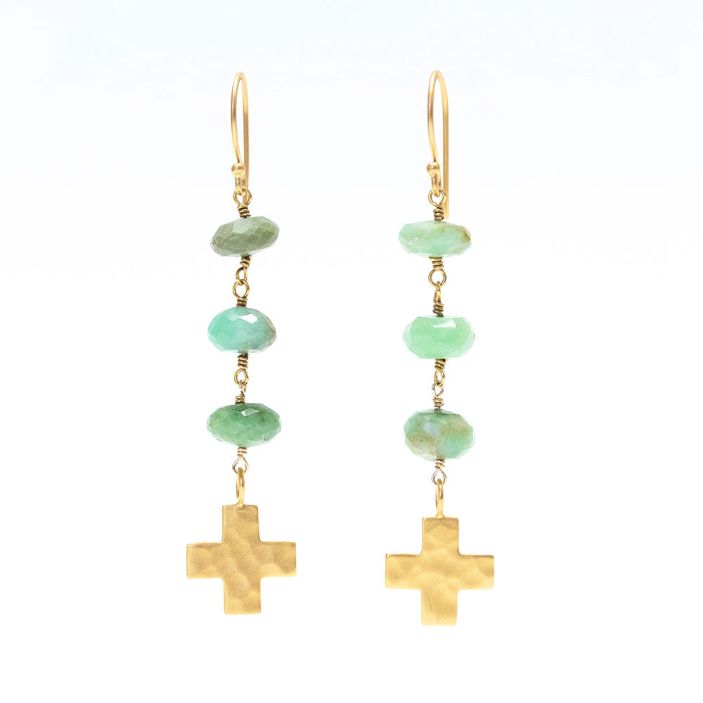 Chrysoprase and 22 Karat Gold Filled Cross Earrings