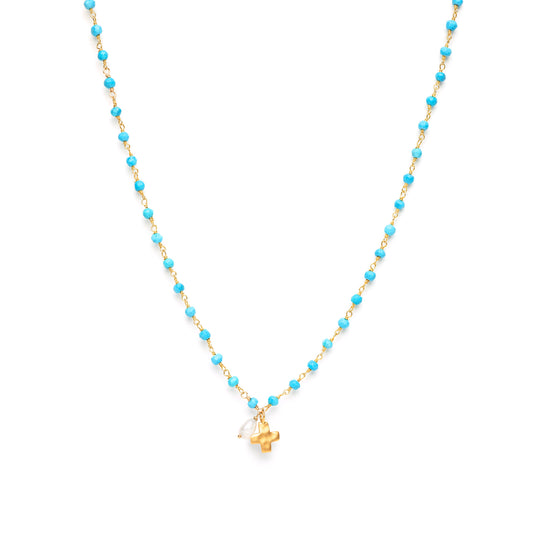 Small Cross Charm on Blue Turquoise Necklace