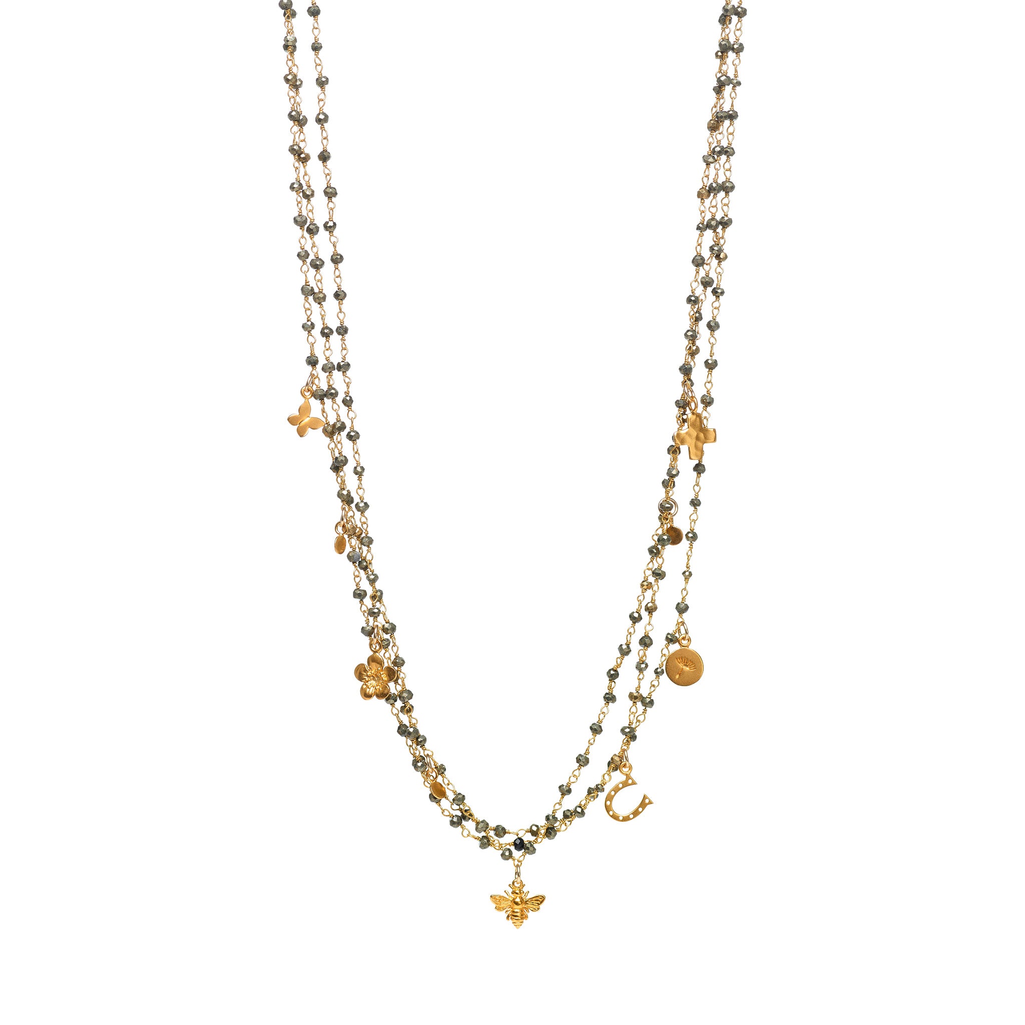 Three Strand Pyrite Chains with Charms Necklace