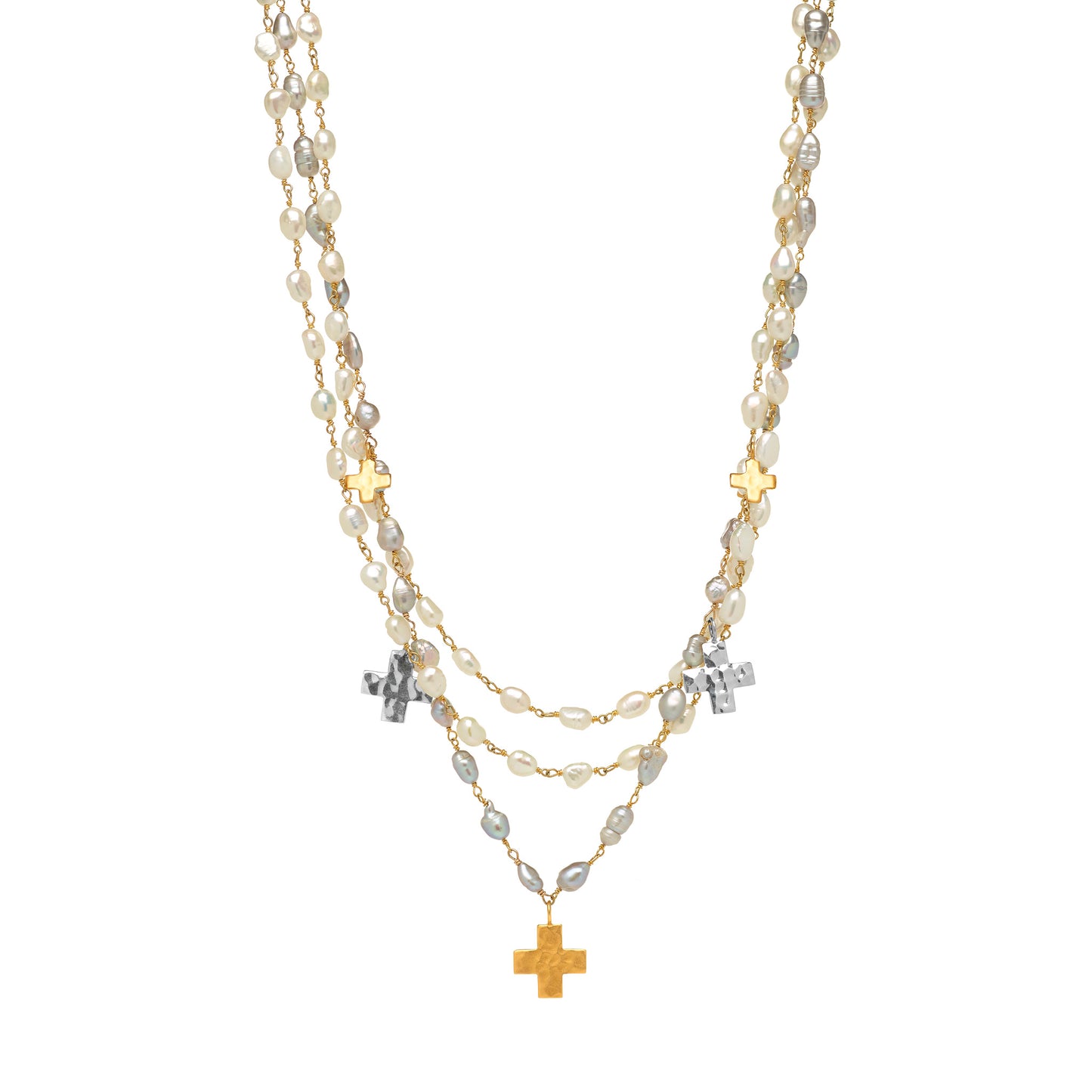 White and Grey Pearl Three Strand Necklace with Crosses