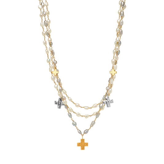 White and Grey Pearl Three Strand Necklace with Crosses