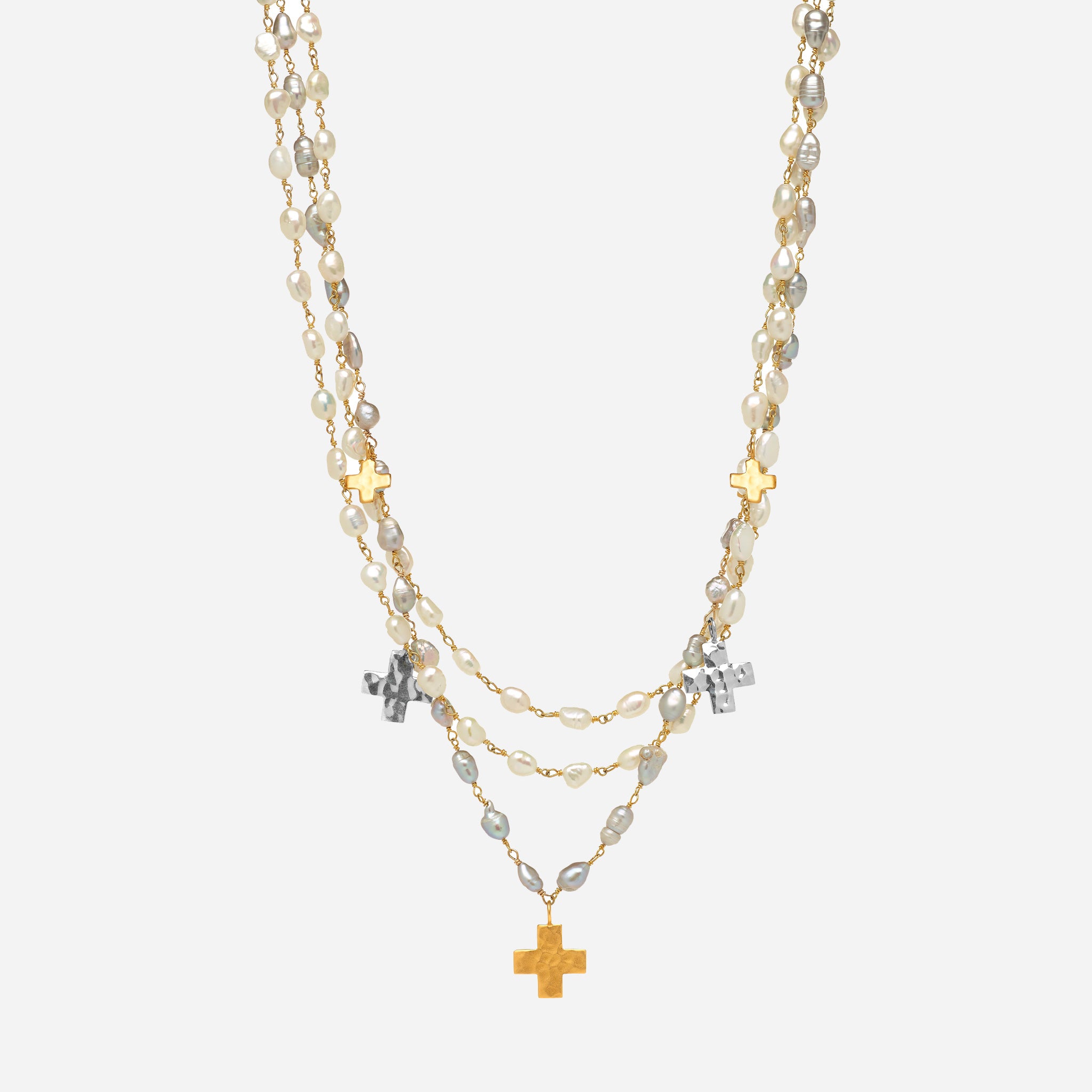 White and Grey Pearl Three Strand Necklace with Crosses