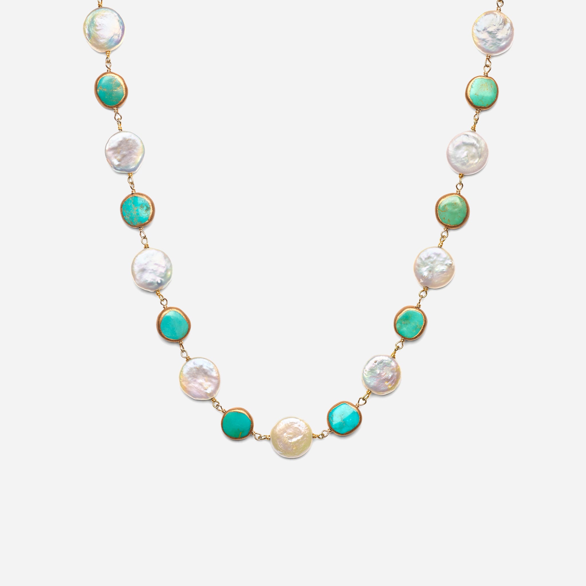 Turquoise Bean and Coin Pearl Necklace