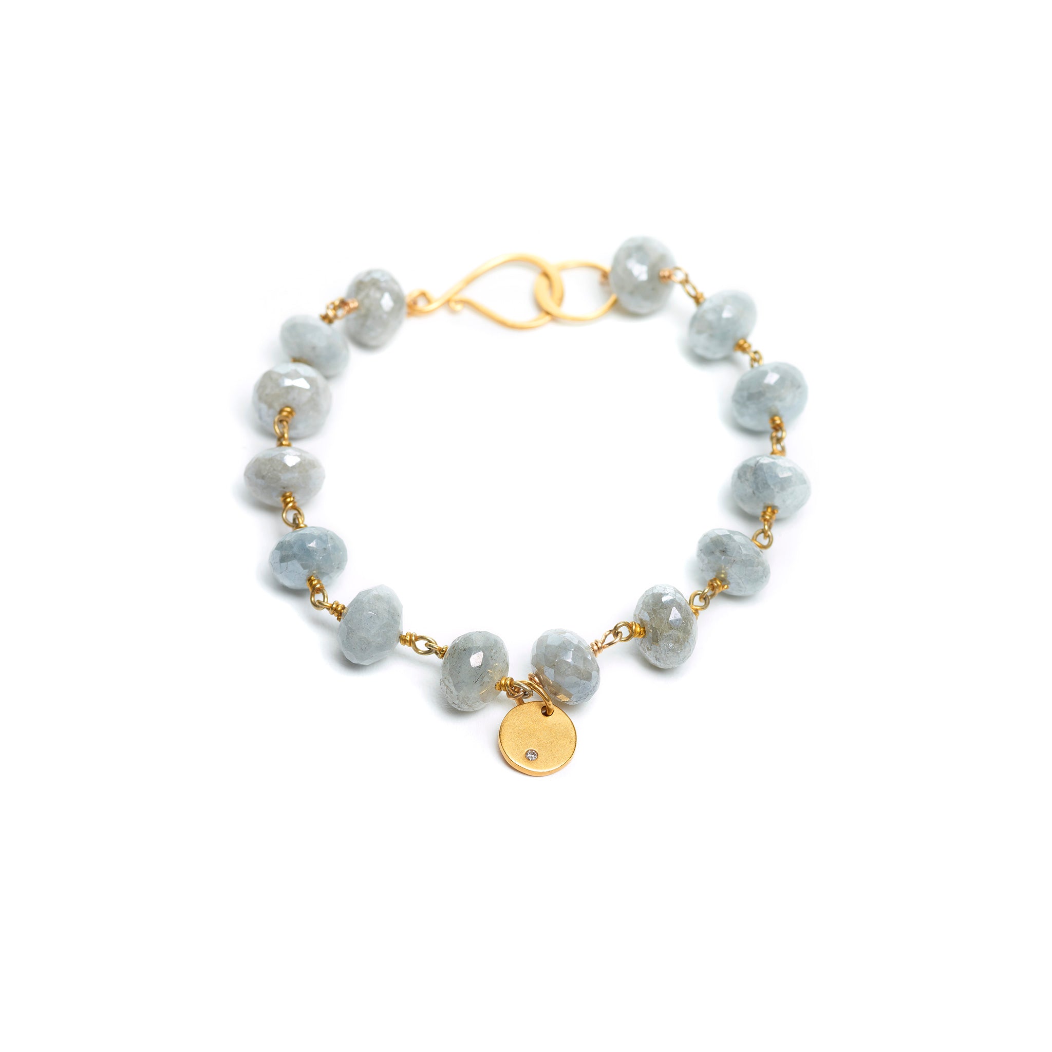 Milky Aqua Beaded Bracelet with Diamond Round Disk